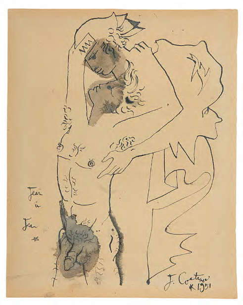 Jean Cocteau, Due uomini abbracciati, &ldquo;Jean a Jean&rdquo; (Deux hommes enlac&eacute;s &laquo;Jean &agrave; Jean&raquo;) (1951; china e acquerello su carta pergamena, 23,5 &times; 18,8 cm; Menton, Mus&eacute;e Jean Cocteau, Collezione S&eacute;verin Wunderman)