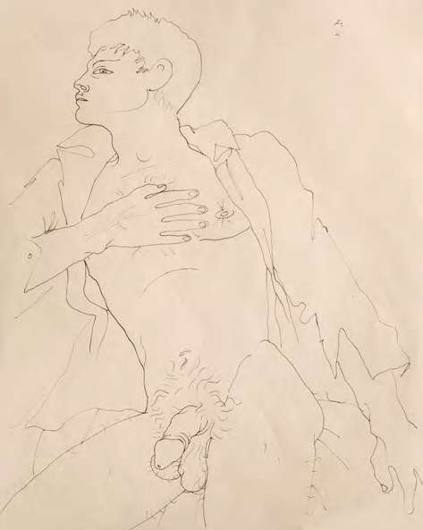 Jean Cocteau, Scena erotica (Nudo addormentato) (Sc&egrave;ne &eacute;rotique [Nu endormi]) (1937-1939 circa; inchiostro su carta, 26 &times; 21 cm Basilea, Collezione Kinzel-Schilling)