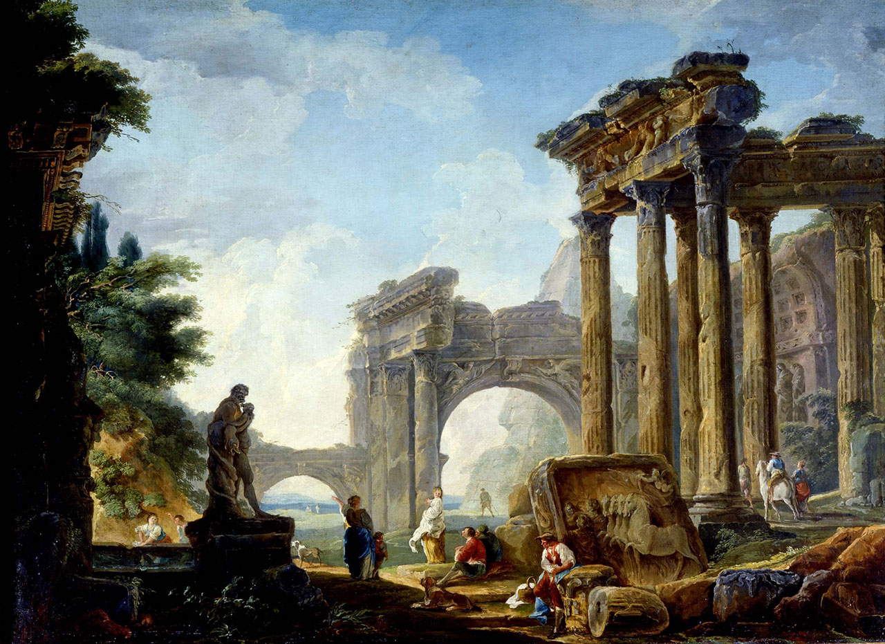 Hubert Robert, Ancient Ruins (1750-1760; oil on canvas, 98 x 135.6 cm; Parma, Complesso della Pilotta, Galleria Nazionale, inv. 1148) Hubert Robert, Ancient Ruins (1750-1760; oil on canvas, 98 x 135.6 cm; Parma, Complesso della Pilotta, Galleria Nazionale, inv. 1148)