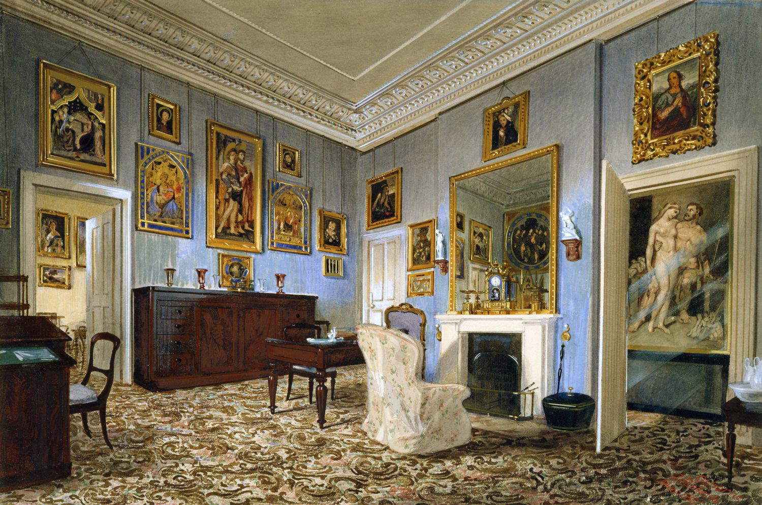 James Roberts, Prince Albert's Dressing Room (1851 ; crayon, aquarelle, couleur corporelle avec des touches de gomme arabique sur papier, 243 x 368 mm ; The Royal Collection) James Roberts, Prince Albert's Dressing Room (1851 ; crayon, aquarelle, couleur corporelle avec des touches de gomme arabique sur papier, 243 x 368 mm ; The Royal Collection)