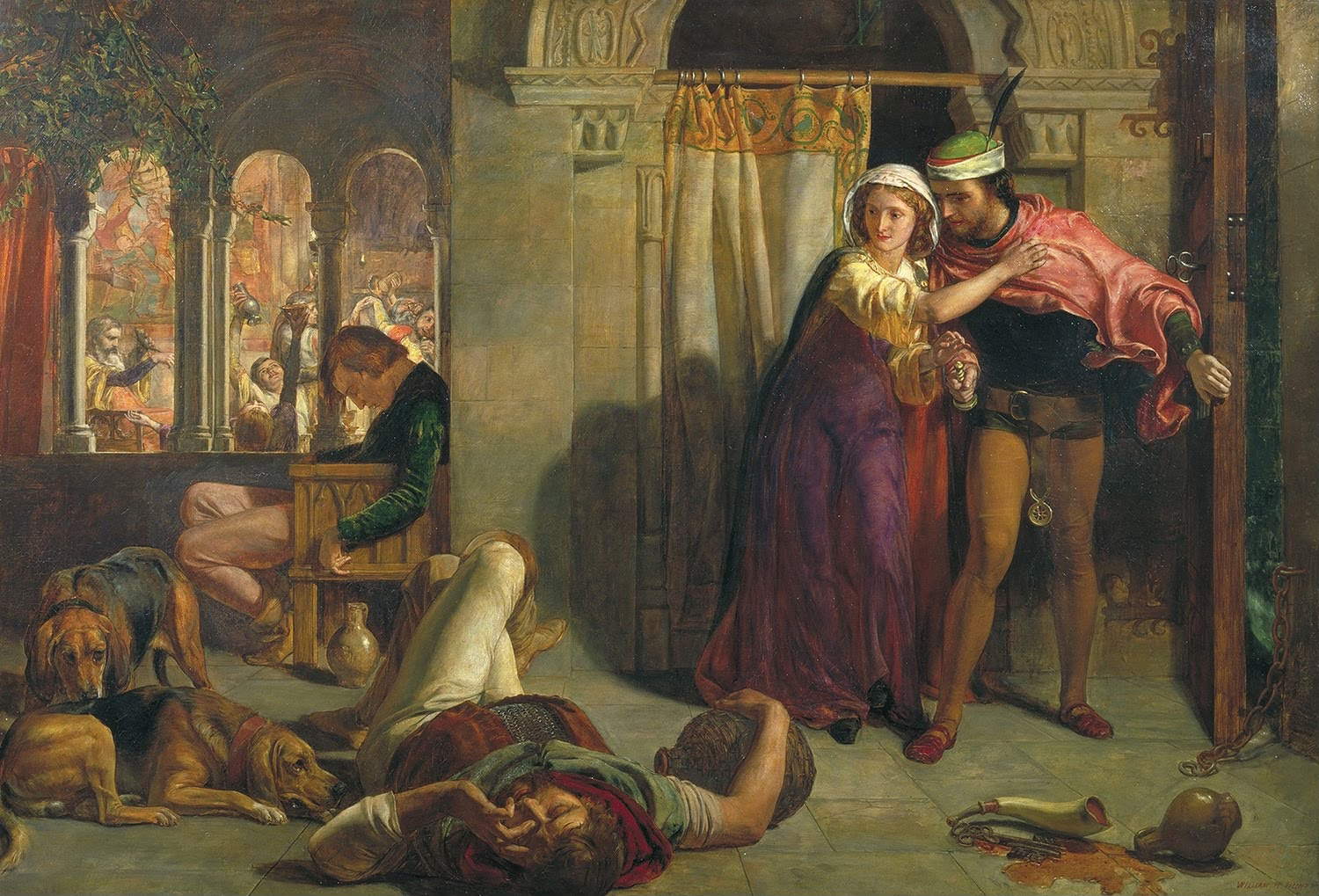 William Holman Hunt, The Eve of St. Agnes : the flight of Madeleine and Porphyro during the drunkenness attending the revelry (1848 ; huile sur toile, 75 x 113 cm ; Londres, Guildhall Art Gallery) William Holman Hunt, The Eve of St. Agnes : the flight of Madeleine and Porphyro during the drunkenness attending the revelry (1848 ; huile sur toile, 75 x 113 cm ; Londres, Guildhall Art Gallery)