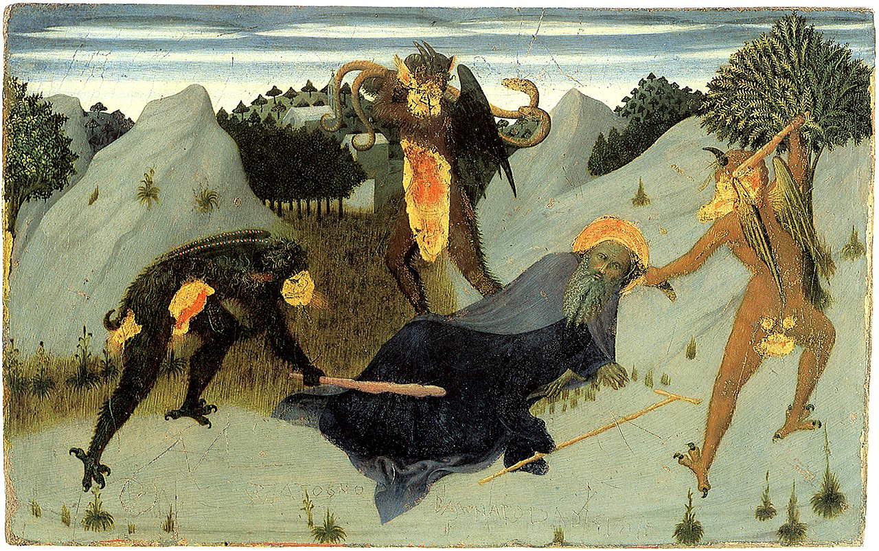Stefano di Giovanni known as Sassetta, St. Anthony the Abbot tormented by devils, fragment of the triptych of the Art of Wool (post-July 1423 - pre-June 1425; tempera, gold and silver on panel; Siena, Pinacoteca Nazionale) Stefano di Giovanni known as Sassetta, St. Anthony the Abbot tormented by devils, fragment of the triptych of the Art of Wool (post-July 1423 - pre-June 1425; tempera, gold and silver on panel; Siena, Pinacoteca Nazionale)