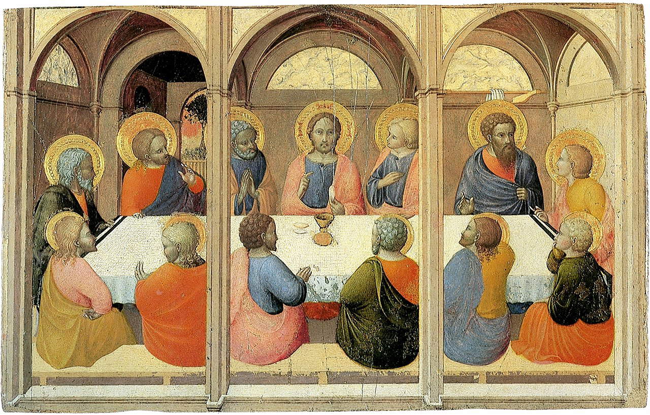 Stefano di Giovanni known as Sassetta, Last Supper, fragment of the triptych of the Arte della Lana (post-July 1423 - ante-June 1425; tempera, gold and silver on panel; Siena, Pinacoteca Nazionale) Stefano di Giovanni known as Sassetta, Last Supper, fragment of the triptych of the Arte della Lana (post-July 1423 - ante-June 1425; tempera, gold and silver on panel; Siena, Pinacoteca Nazionale)