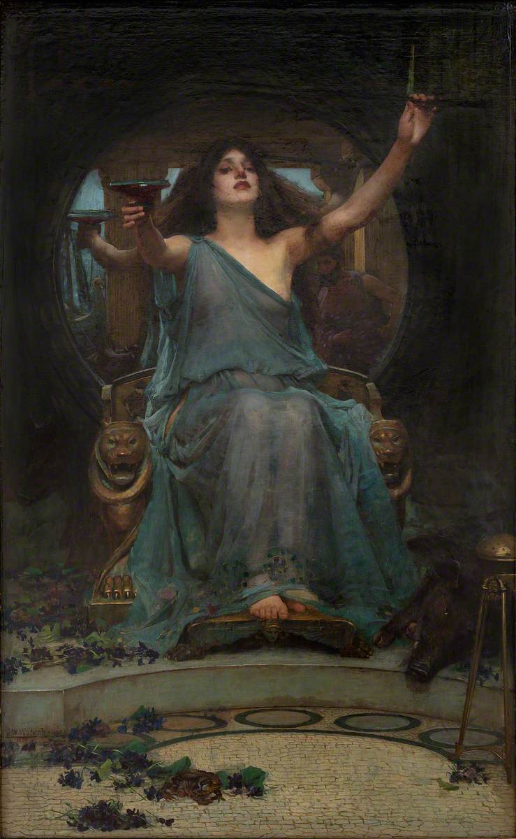John William Waterhouse, Circe bietet Odysseus den Kelch an (1891; Öl auf Leinwand, 148 x 92 cm; Oldham, Gallery Oldham) John William Waterhouse, Circe bietet Odysseus den Kelch an (1891; Öl auf Leinwand, 148 x 92 cm; Oldham, Gallery Oldham)