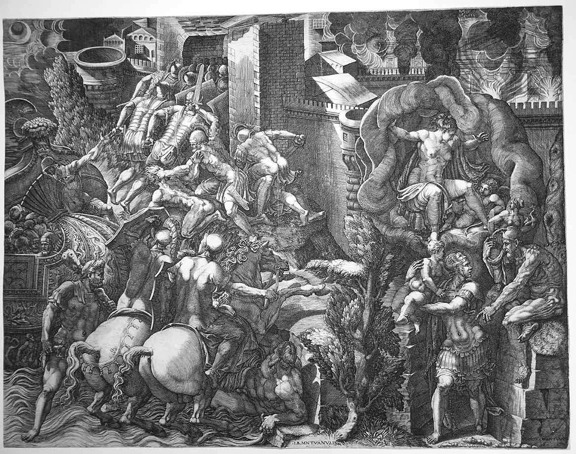 Giorgio Ghisi, Chute de Troie (vers 1540-1545 ; gravure au burin, 385 × 495 mm ; Mantoue, Palais ducal, inv. stat. 123048) Giorgio Ghisi, Chute de Troie (vers 1540-1545 ; gravure au burin, 385 × 495 mm ; Mantoue, Palais ducal, inv. stat. 123048)