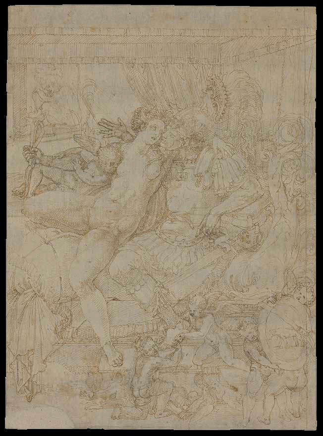 Giovan Battista Bertani, Mars et Vénus tétant Cupidon (1539 ; plume et encre brune, mine blanche, 300 × 220 mm ; Munich, Staatliche Graphische Sammlung, inv. 991 Z) Giovan Battista Bertani, Mars et Vénus tétant Cupidon (1539 ; plume et encre brune, mine blanche, 300 × 220 mm ; Munich, Staatliche Graphische Sammlung, inv. 991 Z)