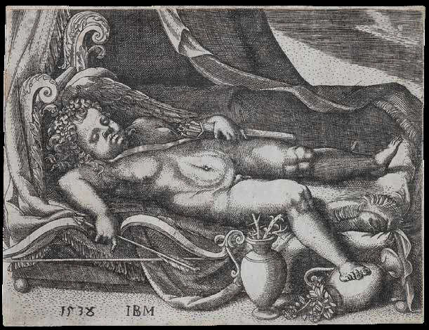 Giovan Battista Scultori, Amour endormi (1538 ; gravure au burin, 110 × 146 mm ; Rome, Institut central des arts graphiques, inv. S-FC50512, propriété de l'Accademia Nazionale dei Lincei) Giovan Battista Scultori, Amour endormi (1538 ; gravure au burin, 110 × 146 mm ; Rome, Institut central des arts graphiques, inv. S-FC50512, propriété de l'Accademia Nazionale dei Lincei)