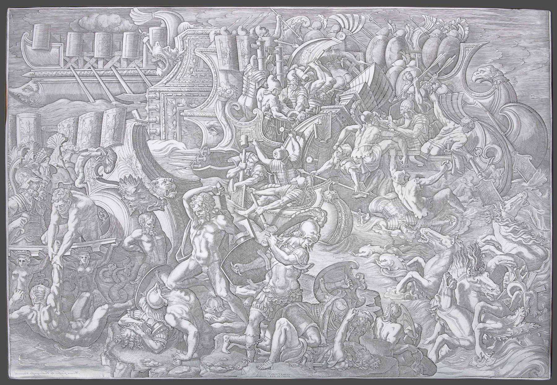 Giovan Battista Scultori, Bataille navale (1538 ; Burin sur cuivre, 413 × 596 mm ; Rome, Institut central des arts graphiques, inv. M-644) Giovan Battista Scultori, Bataille navale (1538 ; Burin sur cuivre, 413 × 596 mm ; Rome, Institut central des arts graphiques, inv. M-644)