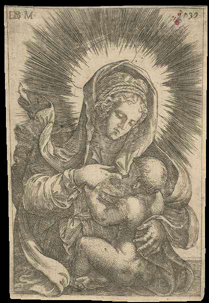Giovan Battista Scultori, Vierge allaitant l'enfant (1539 ; gravure au burin, 87 × 60 mm ; Mantoue, Palais ducal, inv. stat. 123047) Giovan Battista Scultori, Vierge allaitant l'enfant (1539 ; gravure au burin, 87 × 60 mm ; Mantoue, Palais ducal, inv. stat. 123047)