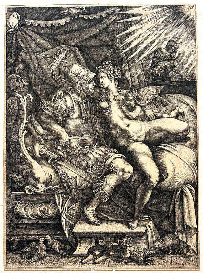Giovan Battista Scultori, Mars et Vénus tétant Cupidon (1539 ; gravure au burin, 282 × 203 mm ; Pavie, Musei Civici, inv. St. Mal. 2180) Giovan Battista Scultori, Mars et Vénus tétant Cupidon (1539 ; gravure au burin, 282 × 203 mm ; Pavie, Musei Civici, inv. St. Mal. 2180)