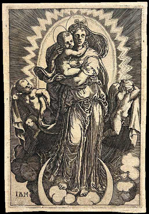Giovan Battista Scultori, Immaculée Conception avec l'Enfant Jésus et deux anges tenant l'Enfant (1536-1540 ; gravure au burin, 146 × 100 mm ; Pavie, Musei Civici, inv. St. Mal. 2178) Giovan Battista Scultori, Immaculée Conception avec l'Enfant Jésus et deux anges tenant l'Enfant (1536-1540 ; gravure au burin, 146 × 100 mm ; Pavie, Musei Civici, inv. St. Mal. 2178)