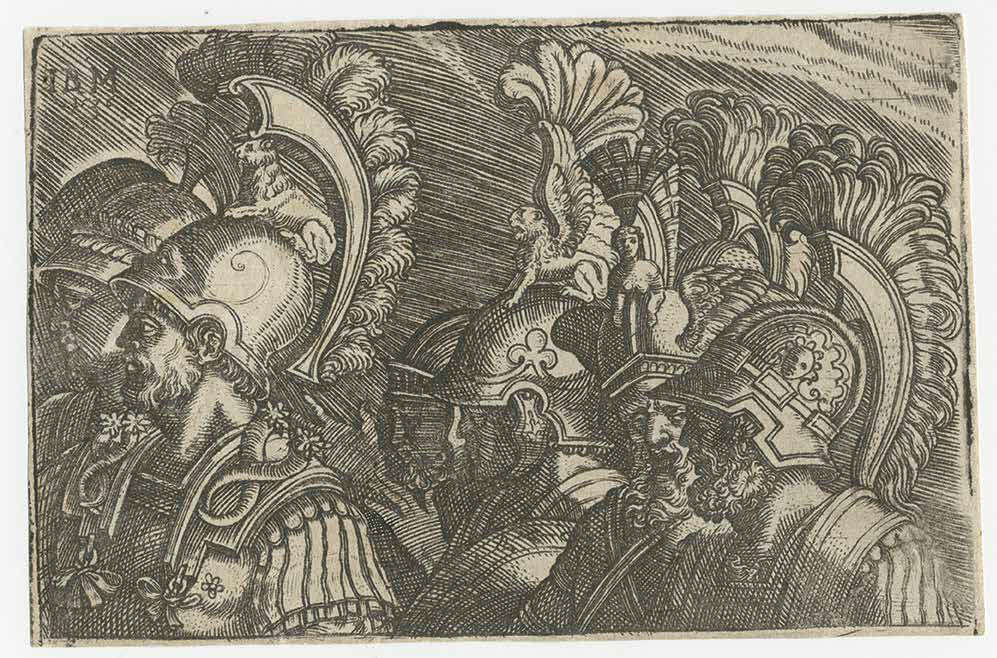 Giovan Battista Scultori, Têtes de soldats (1536? ; gravure au burin, 92 × 140 mm ; Mantoue, palais des Doges, inv. statale 123118) Giovan Battista Scultori, Têtes de soldats (1536? ; gravure au burin, 92 × 140 mm ; Mantoue, palais des Doges, inv. statale 123118)