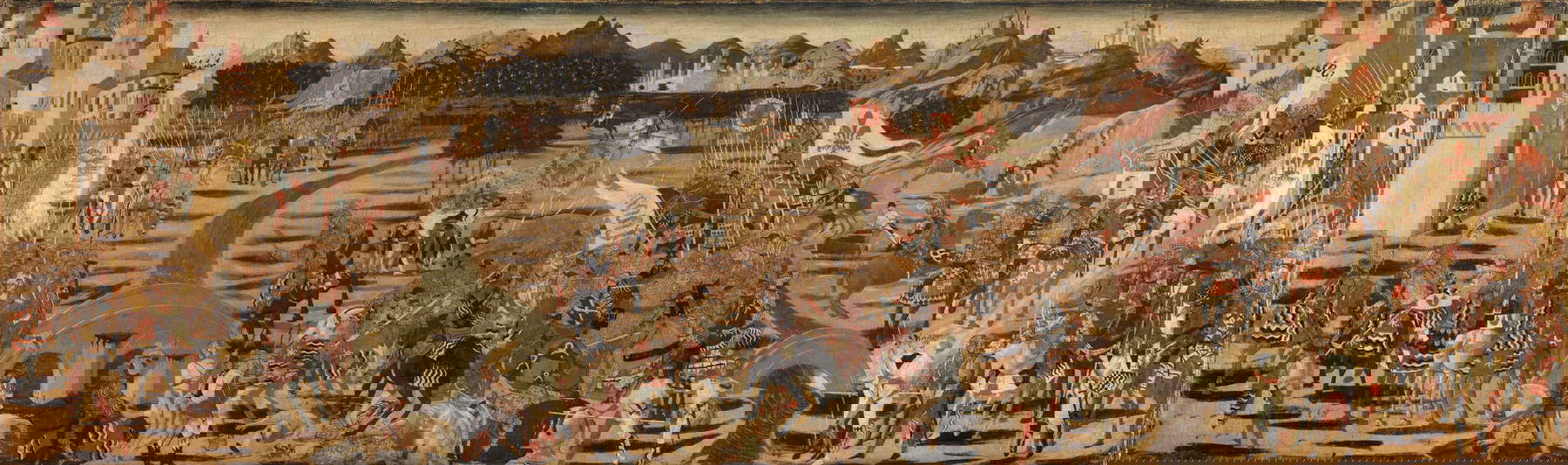 Anonymer Florentiner, Die Schlacht von Anghiari aus der Dubliner Truhe (um 1460; Tempera und Blattgold auf Tafel, 62 x 207 cm; Dublin, National Gallery of Ireland) Anonymer Florentiner, Die Schlacht von Anghiari aus der Dubliner Truhe (um 1460; Tempera und Blattgold auf Tafel, 62 x 207 cm; Dublin, National Gallery of Ireland)