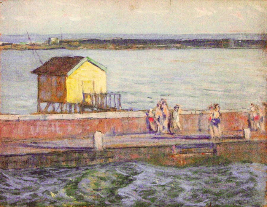 Galileo Chini, A Bocca D'Arno (Marina di Pisa) (1938; oil and graphite on plywood; Private collection)