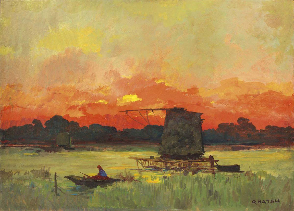 Renato Natali, Sunset at Bocca d'Arno (oil on faesite, 50 x 70 cm; Private collection)