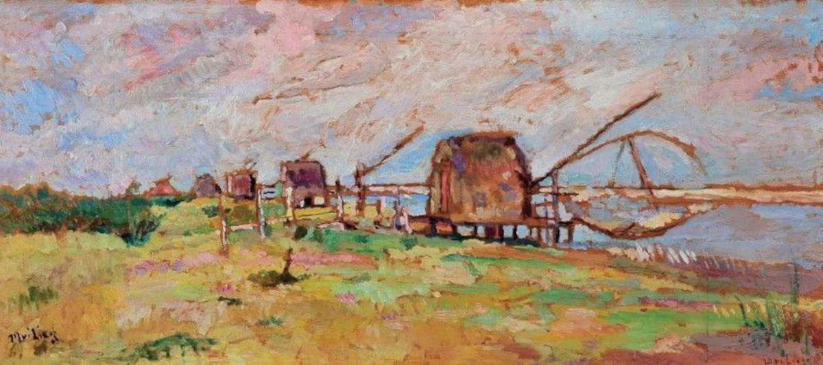 Ulvi Liege, Huts and Scales at Bocca d'Arno (oil on plywood, 26.6 x 60.3 cm; Private collection)
