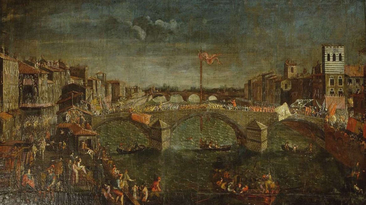 Anonyme, Le jeu du pont à Pise (XVIIIe siècle ; huile sur toile, 100 x 166 cm ; Florence, Palazzo Pitti, Galerie Palatine et Appartements royaux) Anonyme, Le jeu du pont à Pise (XVIIIe siècle ; huile sur toile, 100 x 166 cm ; Florence, Palazzo Pitti, Galerie Palatine et Appartements royaux)