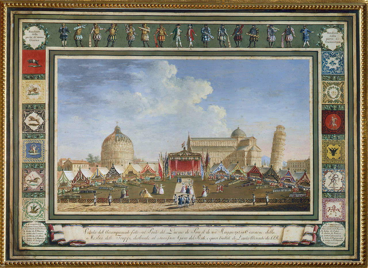 Giuseppe Maria Terreni, Campement de troupes pour le jeu (vers 1790 ; tempera sur papier, rehauts d'or, 53 x 74 cm ; Florence, Palazzo Pitti, Galleria d'Arte Moderna) Giuseppe Maria Terreni, Campement de troupes pour le jeu (vers 1790 ; tempera sur papier, rehauts d'or, 53 x 74 cm ; Florence, Palazzo Pitti, Galleria d'Arte Moderna)