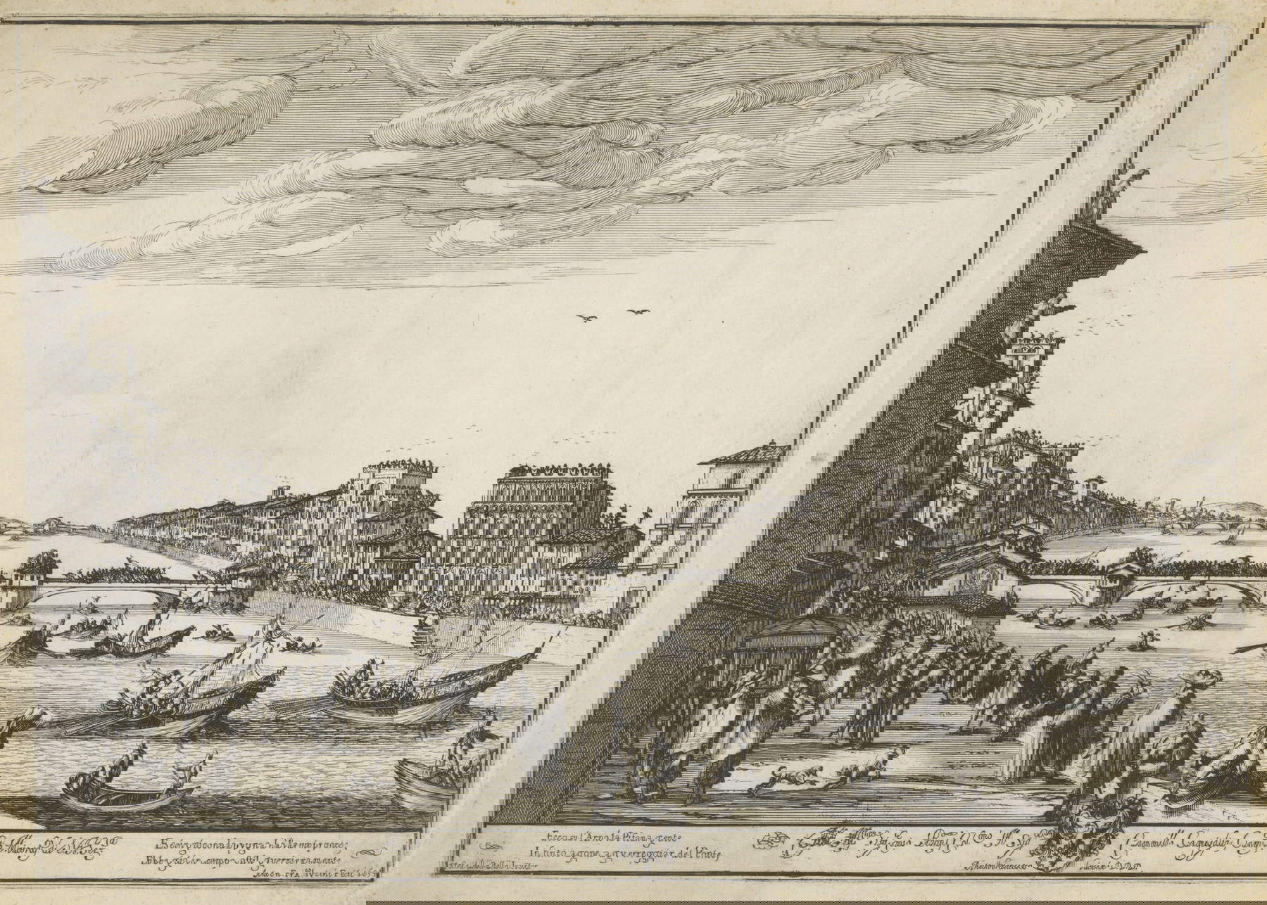 Anton Francesco Lucini, Stefano Della Bella, Ecco su l'Arno la Pisana gente in finto agone a guerregiar del Ponte... (1634 ; eau-forte, 356 x 505 mm ; Amsterdam, Rijksmuseum) Anton Francesco Lucini, Stefano Della Bella, Ecco su l'Arno la Pisana gente in finto agone a guerregiar del Ponte... (1634 ; eau-forte, 356 x 505 mm ; Amsterdam, Rijksmuseum)