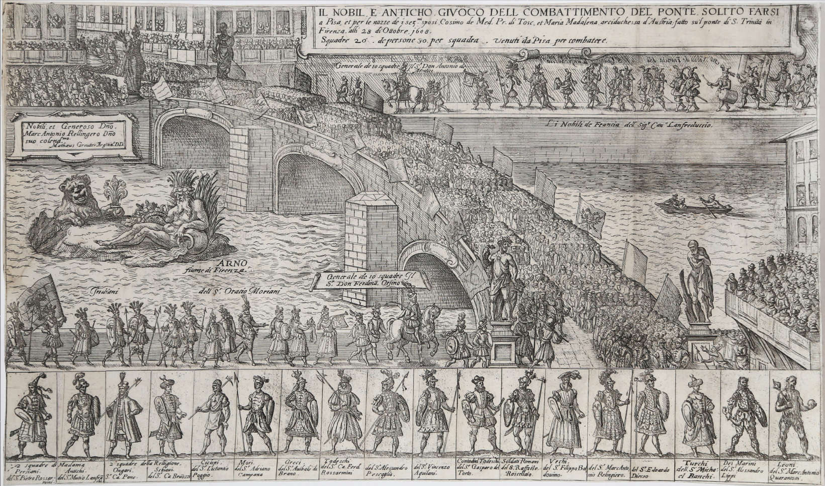 Matthäus Greuter, Il nobil e antico giuoco del combattimento del ponte solito farsi a Pisa... (1608 ; eau-forte, 273 x 499 mm) Matthäus Greuter, Il nobil e antico giuoco del combattimento del ponte solito farsi a Pisa... (1608 ; eau-forte, 273 x 499 mm)