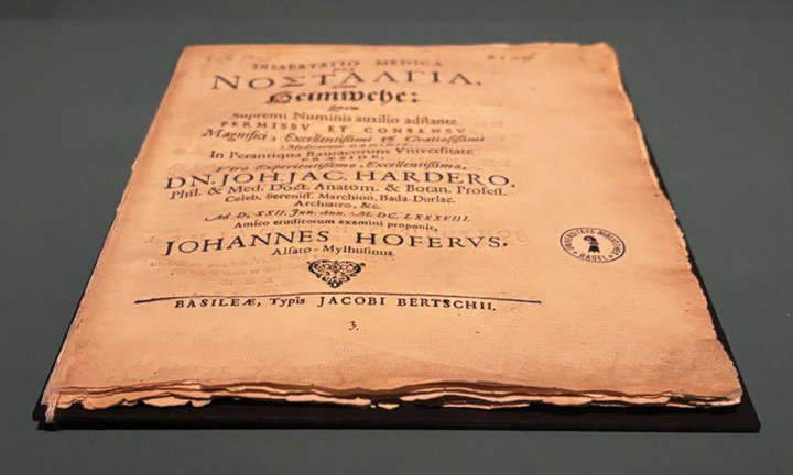 Johannes Hofer, Dissertatio medica de Nostalgia oder Heimwehe (1688; Basilea, Biblioteca de la Universidad de Basilea) Johannes Hofer, Dissertatio medica de Nostalgia oder Heimwehe (1688; Basilea, Biblioteca de la Universidad de Basilea)