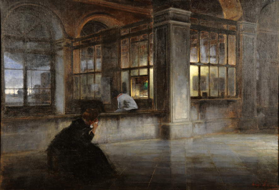 Luigi Selvatico, Salida matinal. Vista interior de una estación con figura (c. 1899; óleo sobre lienzo, 116 x 169 cm; Roma, Galleria Nazionale d'Arte Moderna e Contemporanea) Luigi Selvatico, Salida matinal. Vista interior de una estación con figura (c. 1899; óleo sobre lienzo, 116 x 169 cm; Roma, Galleria Nazionale d'Arte Moderna e Contemporanea)