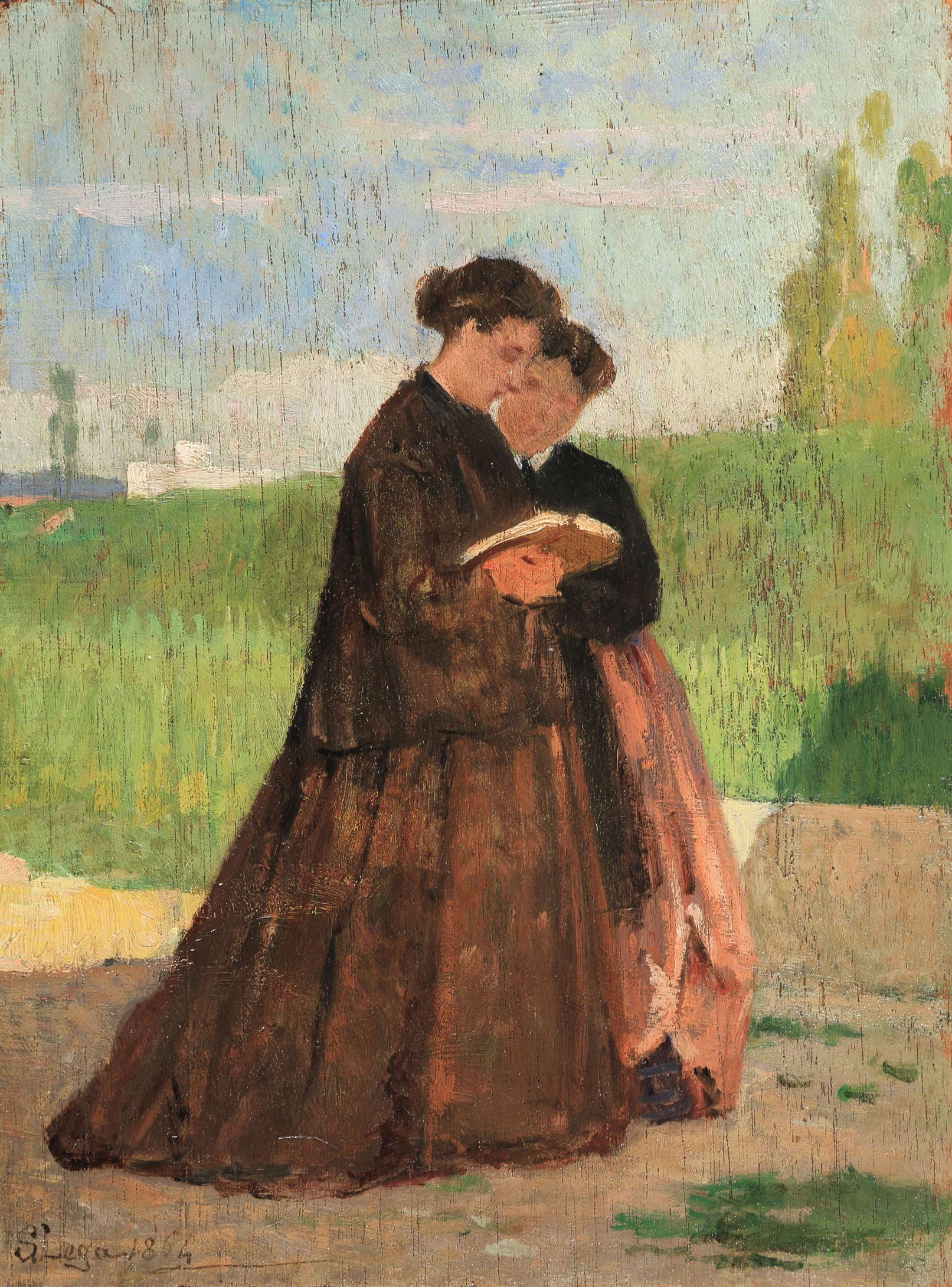 Silvestro Lega, Promenade dans le jardin (1864, huile sur panneau ; 23,8 x 17,8 cm ; Milan, Enrico Gallerie d'Arte)