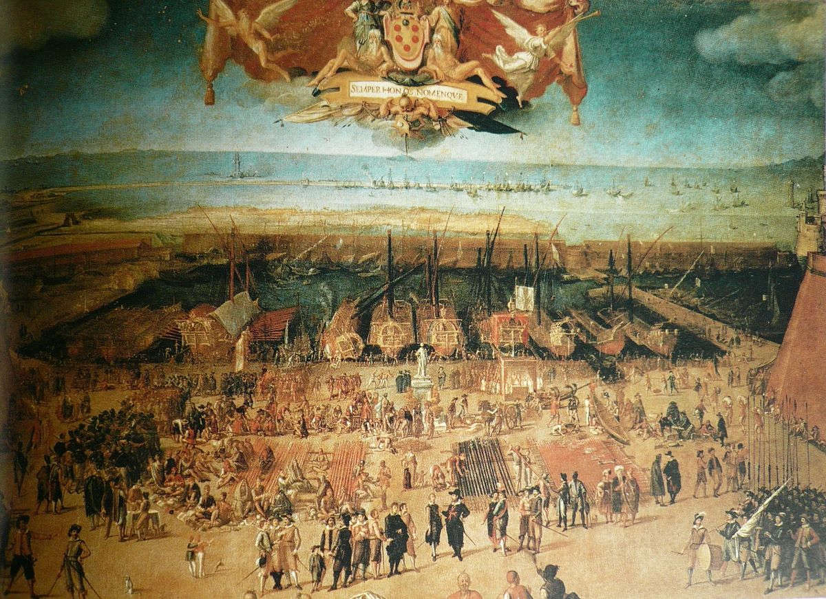 Anonimo, Il porto di Livorno con le galere di Santo Stefano (XVII secolo; olio su tela, 166 x 234 cm; Pisa, Archivio di Stato) Anonimo, Il porto di Livorno con le galere di Santo Stefano (XVII secolo; olio su tela, 166 x 234 cm; Pisa, Archivio di Stato)