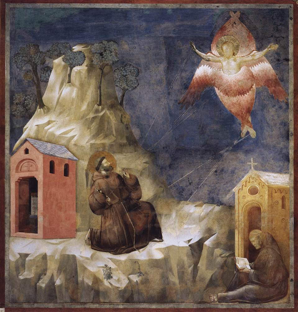 Giotto, Der Heilige Franziskus empfängt die Wundmale (Fresko, 230×270 cm; Assisi, Obere Basilika des Heiligen Franz von Assisi) Giotto, Der Heilige Franziskus empfängt die Wundmale (Fresko, 230×270 cm; Assisi, Obere Basilika des Heiligen Franz von Assisi)