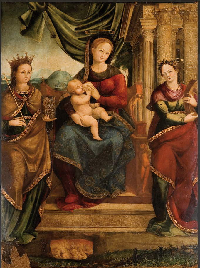 Maler aus Norditalien, Madonna mit den Heiligen Agatha und Katharina (Mitte des 16. Jahrhunderts, aus der Kirche San Gaetano alla Marina in Catania) Maler aus Norditalien, Madonna mit den Heiligen Agatha und Katharina (Mitte des 16. Jahrhunderts, aus der Kirche San Gaetano alla Marina in Catania)