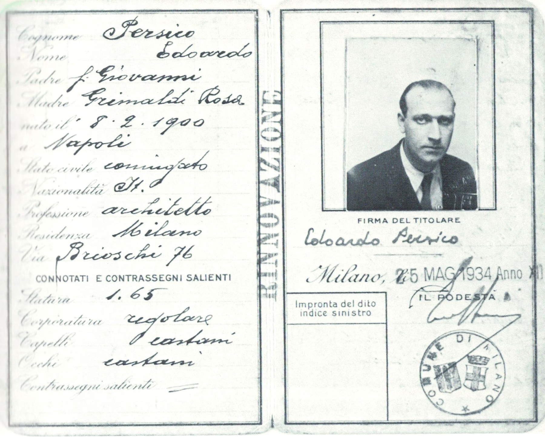 Personalausweis von Edoardo Persico, 25. Mai 1934