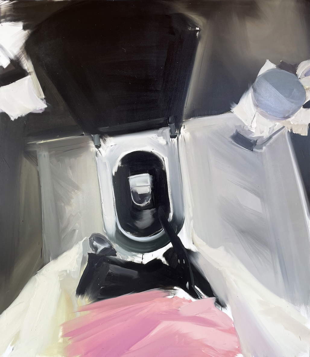 Andrea Fontanari, Toilettes noires (2023 ; huile sur toile, 199 x 176 cm)