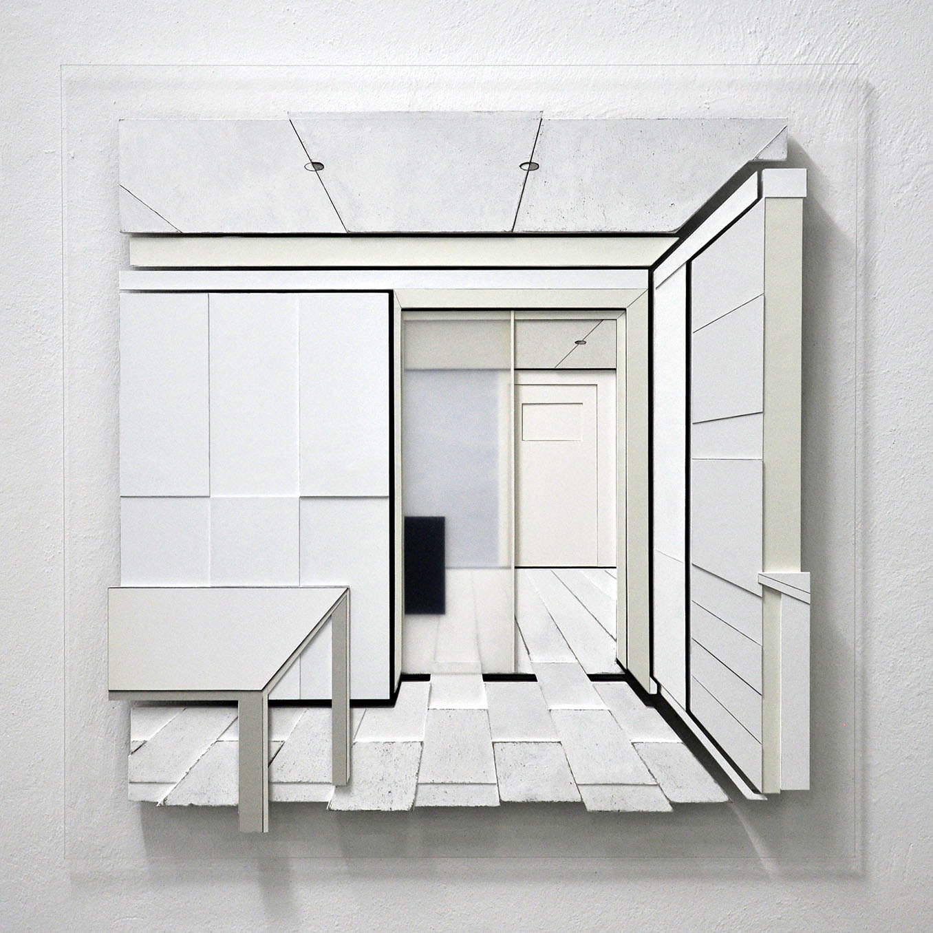 Paolo Cavinato, Relief #2 - Küche mit Präsenz (2012; Holz, Karton, Acryl, Plexiglas, 85 x 85 x 8 cm)