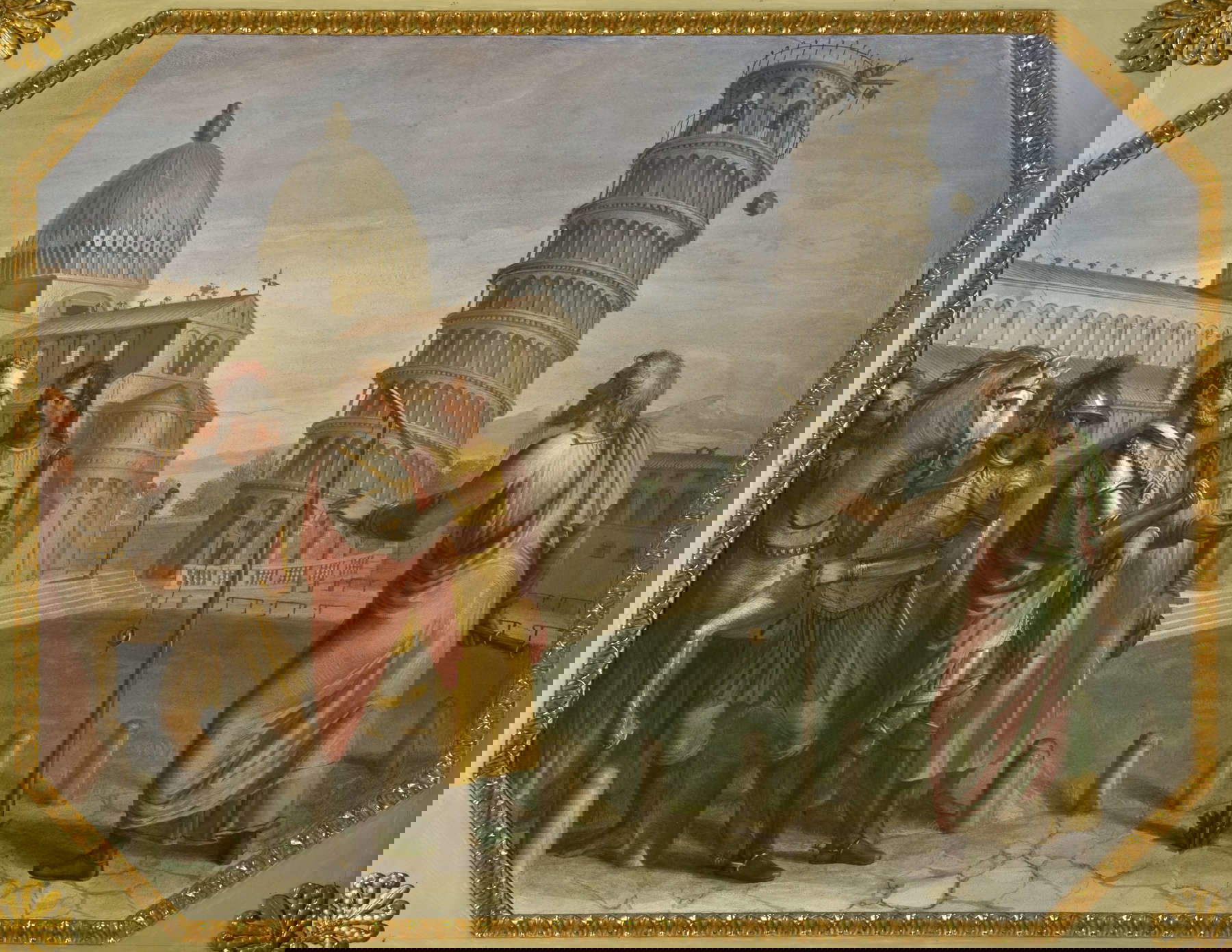 Luigi Catani, In the presence of the Grand Duke, Galileo performs the experiment of falling bodies from the Tower of Pisa (1816; tempera on wall; Florence, Palazzo Pitti, Quartiere Borbonico or Nuovo Palatino, room 15) Luigi Catani, In the presence of the Grand Duke, Galileo performs the experiment of falling bodies from the Tower of Pisa (1816; tempera on wall; Florence, Palazzo Pitti, Quartiere Borbonico or Nuovo Palatino, room 15)
