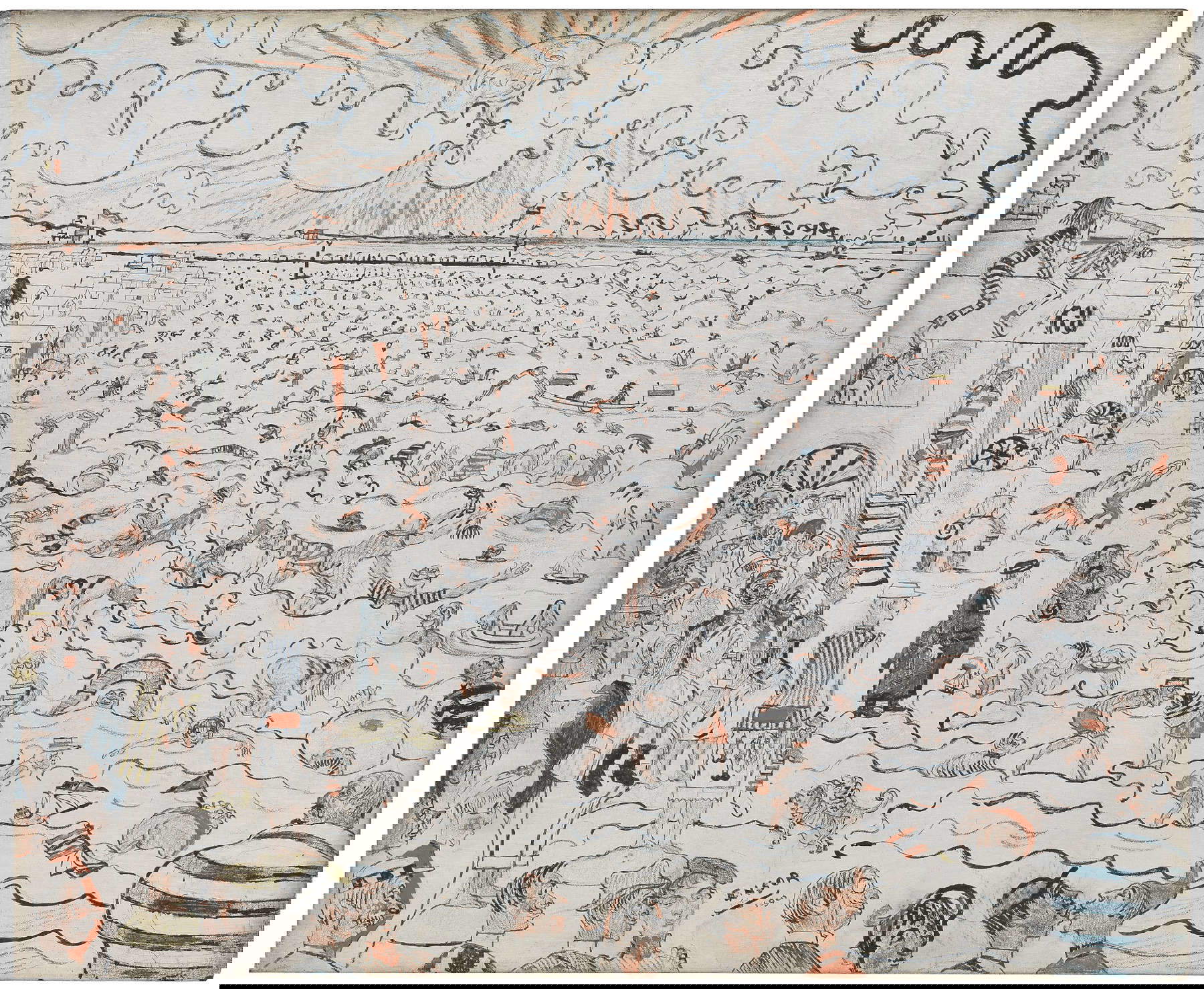 James Ensor, The Ostend Baths (1890; oil, gouache and pencils on panel, 37.4 x 45.4 cm; Ghent, Museum voor Schone Kunsten)