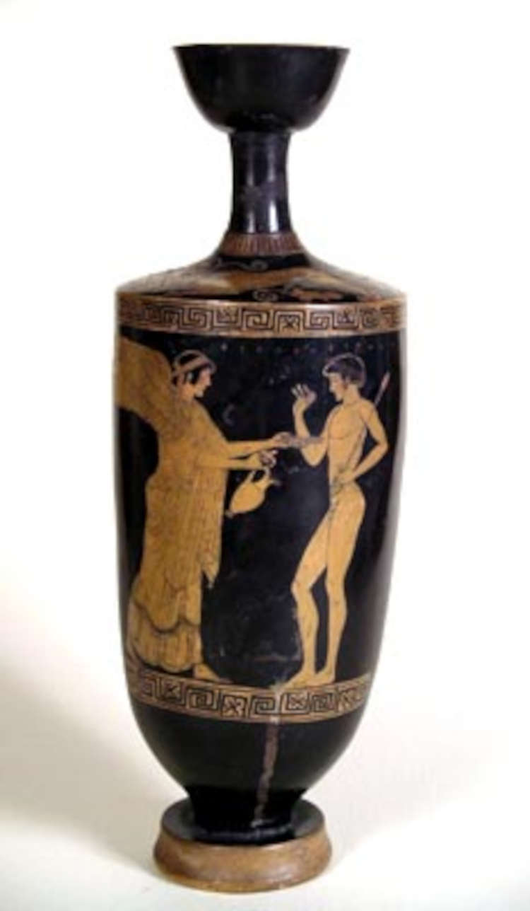 Lekythos (Ölbehälter) mit Nike, die einem Athleten einen Becher reicht (500-475 v. Chr.; rotfigurige Keramik, Höhe 31,8 cm; Bologna, Museo Civico Archeologico) Lekythos (Ölbehälter) mit Nike, die einem Athleten einen Becher reicht (500-475 v. Chr.; rotfigurige Keramik, Höhe 31,8 cm; Bologna, Museo Civico Archeologico)