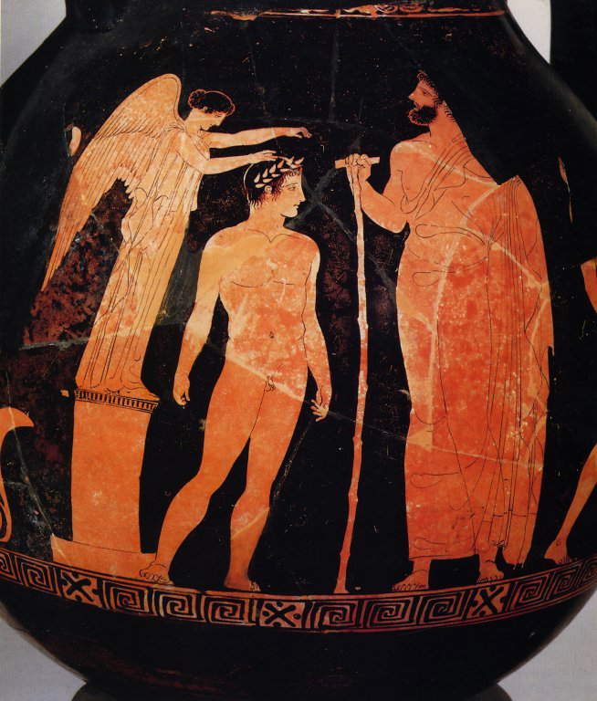 Peleus-Maler, attische Pelike mit Nike, die den Sieger krönt (450-430 v. Chr.; rotfigurige Keramik, Höhe 34 cm; Tarent, Archäologisches Nationalmuseum) Peleus-Maler, attische Pelike mit Nike, die den Sieger krönt (450-430 v. Chr.; rotfigurige Keramik, Höhe 34 cm; Tarent, Archäologisches Nationalmuseum)