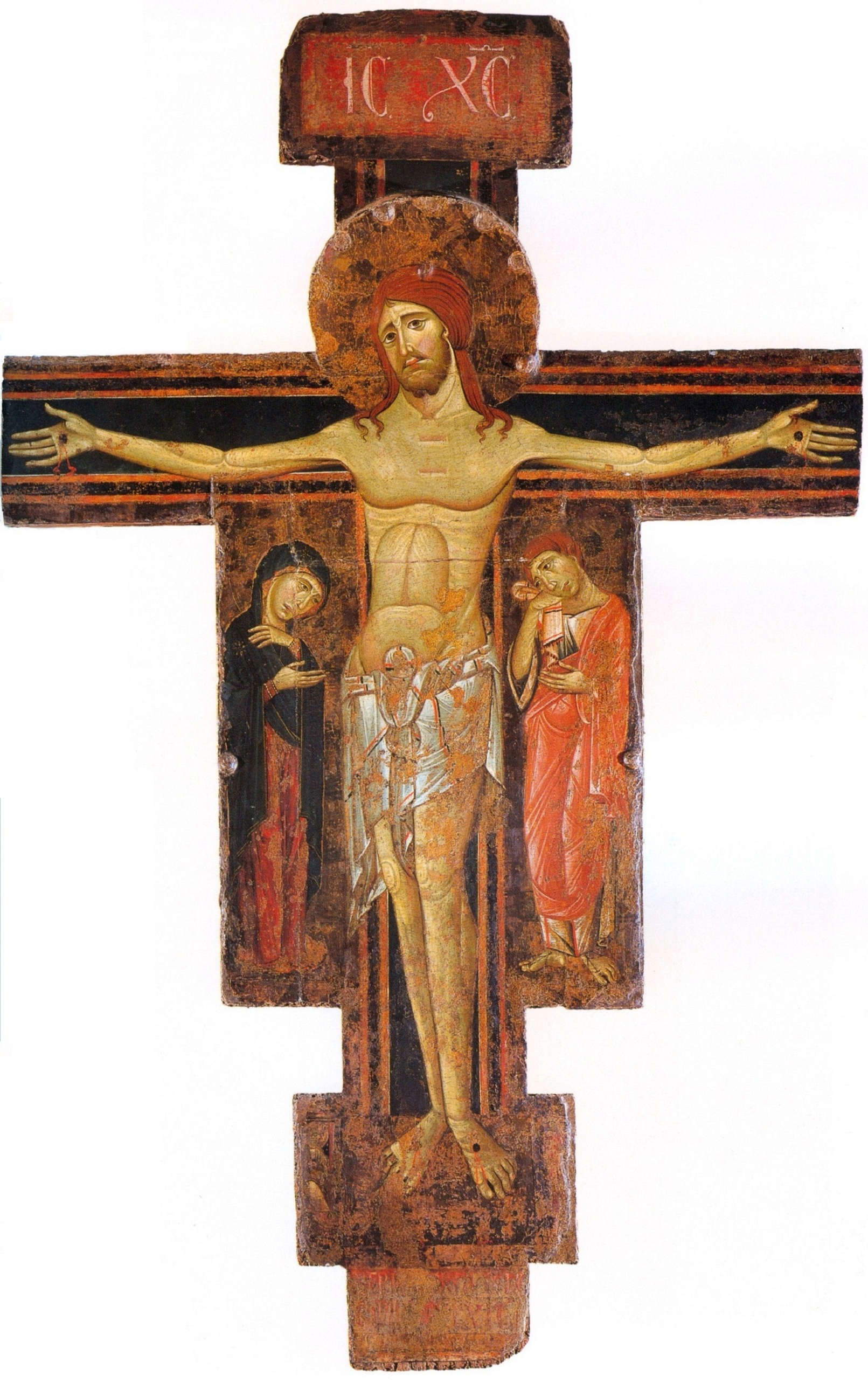 Berlinghiero Berlinghieri, Christus triumphans tra la Vergine e san Giovanni evangelista (1230-1235 circa; tempera e argento su tavola, 156 x 100 cm; Pisa, Museo Nazionale di San Matteo) Berlinghiero Berlinghieri, Christus triumphans tra la Vergine e san Giovanni evangelista (1230-1235 circa; tempera e argento su tavola, 156 x 100 cm; Pisa, Museo Nazionale di San Matteo)
