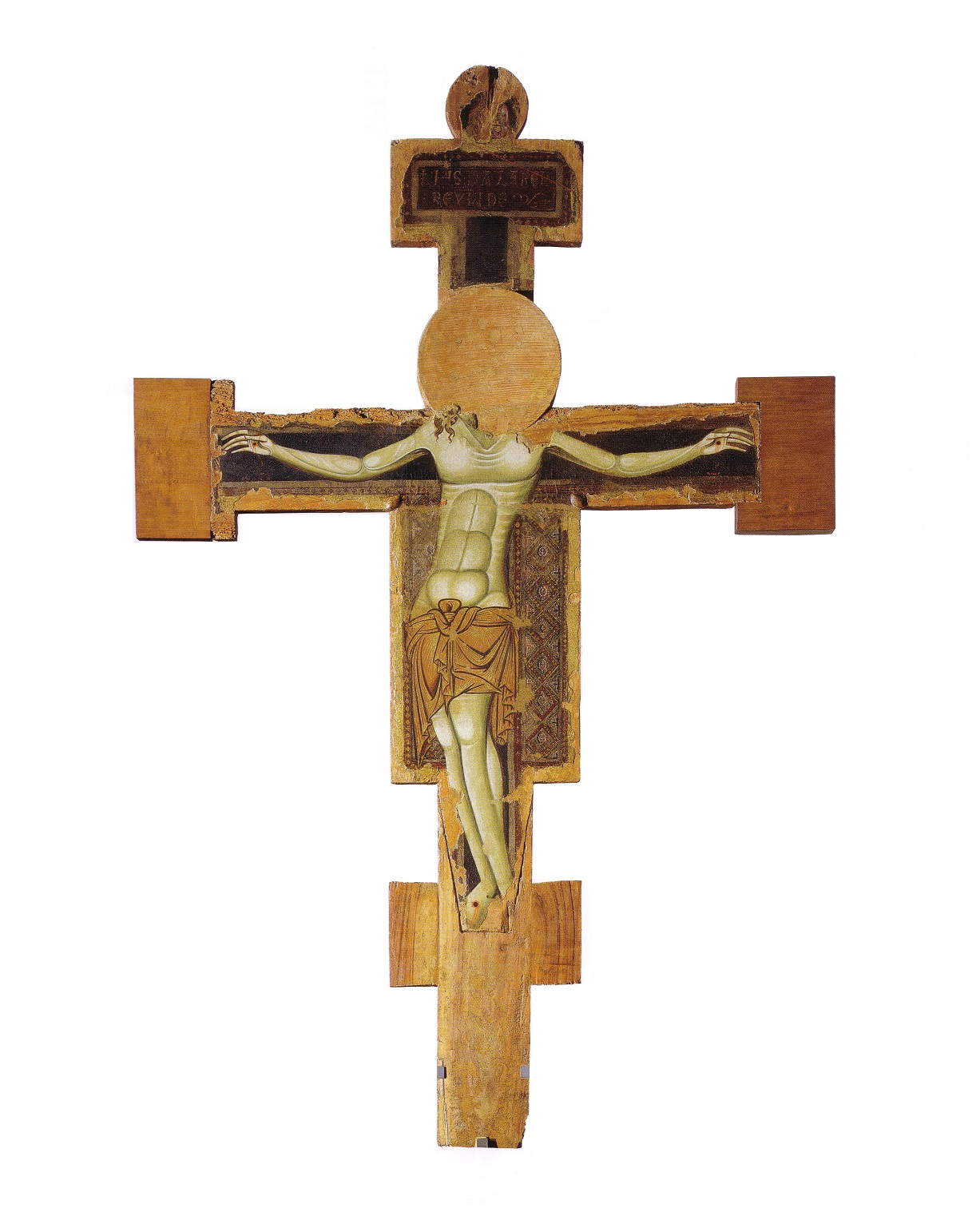 Pittore pisano seguace di Giunta Pisano, Croce processionale dipinta su entrambi i lati: Christus patiens, recto (metà del XIII secolo; tempera e oro su tavola; Pisa, Museo Nazionale di San Matteo, inv. 5722) Pittore pisano seguace di Giunta Pisano, Croce processionale dipinta su entrambi i lati: Christus patiens, recto (metà del XIII secolo; tempera e oro su tavola; Pisa, Museo Nazionale di San Matteo, inv. 5722)