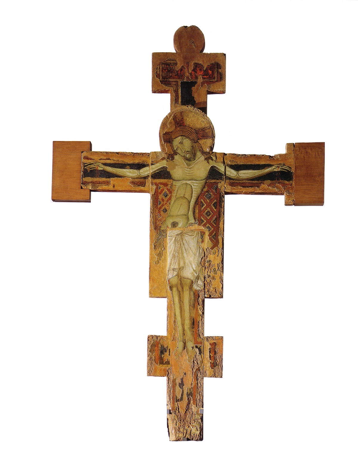 Pittore pisano seguace di Giunta Pisano, Croce processionale dipinta su entrambi i lati: Christus patiens, verso (metà del XIII secolo; tempera e oro su tavola; Pisa, Museo Nazionale di San Matteo, inv. 5722) Pittore pisano seguace di Giunta Pisano, Croce processionale dipinta su entrambi i lati: Christus patiens, verso (metà del XIII secolo; tempera e oro su tavola; Pisa, Museo Nazionale di San Matteo, inv. 5722)