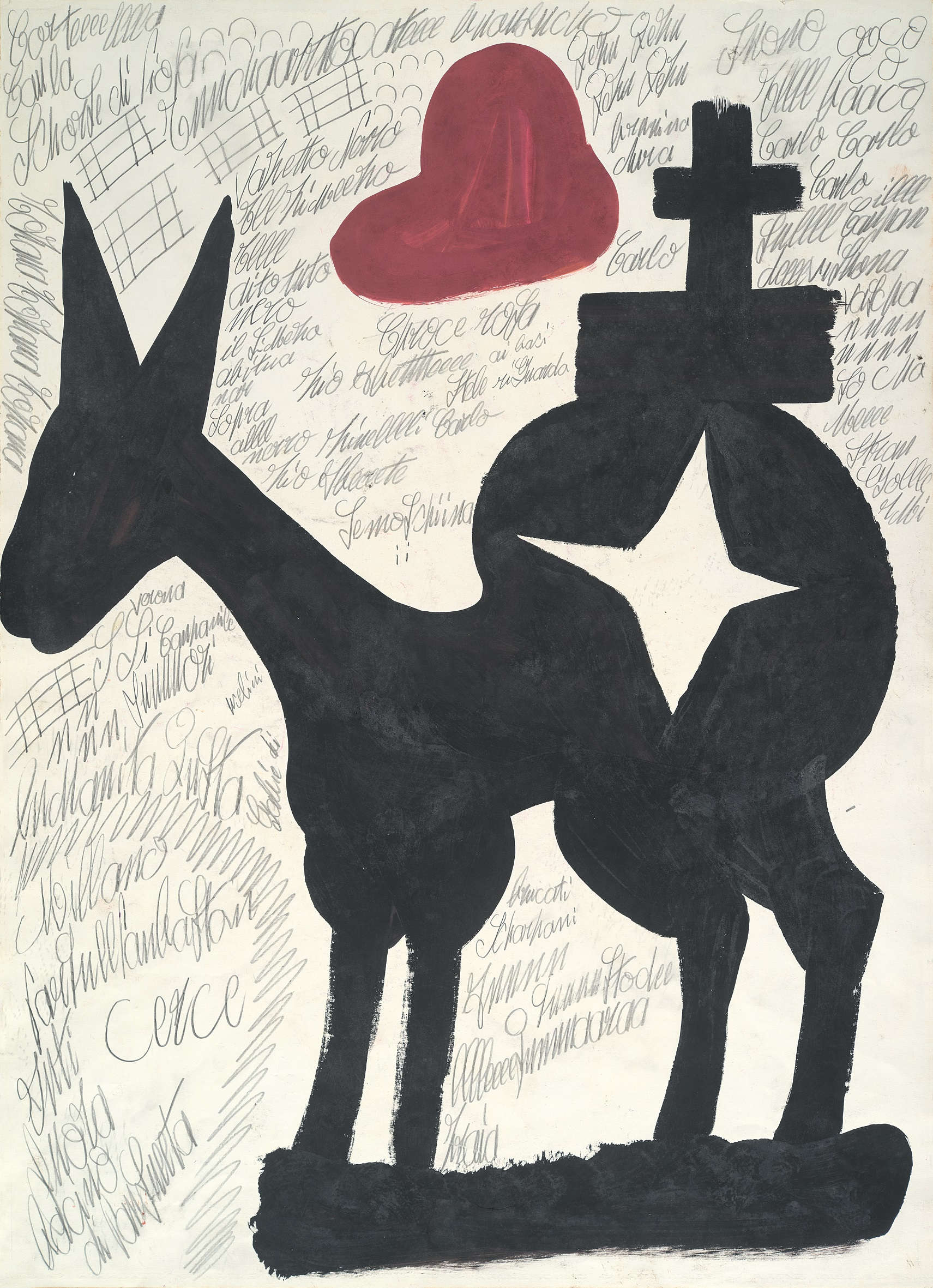 Carlo Zinelli, Großes Sternenpferd mit rotem Alpenhut (verso) (1967; Tempera und Graphit auf Papier, 70 x 50 cm; Sammlung Fondazione Cariverona). Foto: Stefano Saccomani Carlo Zinelli, Großes Sternenpferd mit rotem Alpenhut (verso) (1967; Tempera und Graphit auf Papier, 70 x 50 cm; Sammlung Fondazione Cariverona). Foto: Stefano Saccomani