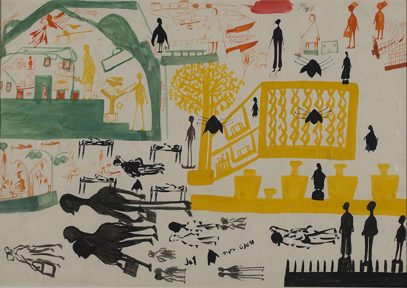 Carlo Zinelli, Drei schwarze Insekten und gelber Baum (1958-59; Tempera auf Papier, 35 x 50 cm; Sammlung Fondazione Cariverona). Foto: Stefano Saccomani Carlo Zinelli, Drei schwarze Insekten und gelber Baum (1958-59; Tempera auf Papier, 35 x 50 cm; Sammlung Fondazione Cariverona). Foto: Stefano Saccomani