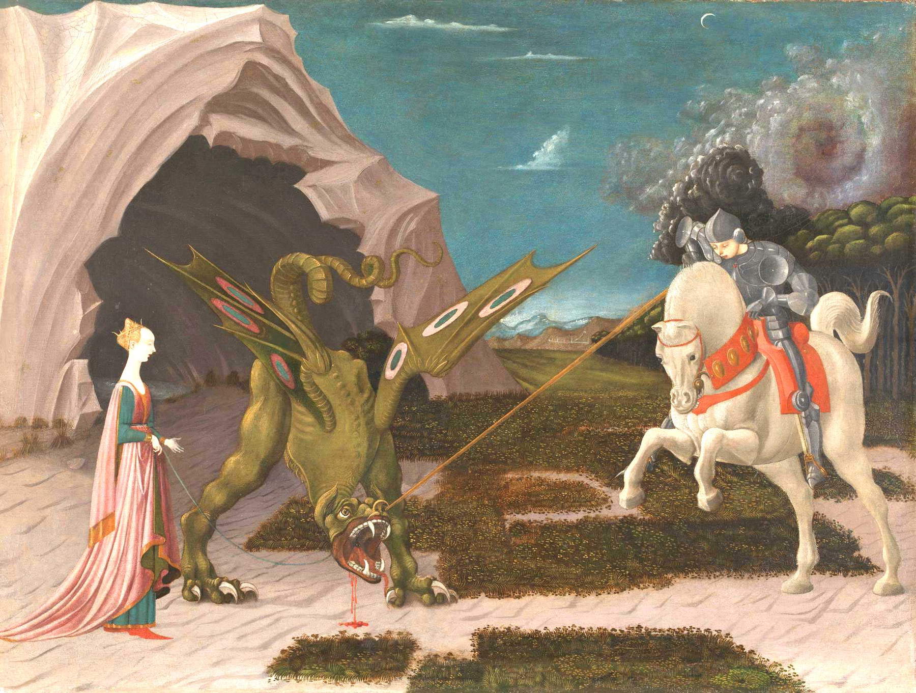 Paolo Uccello, San Giorgio e il drago (1470 circa; olio su tela, 57 x 73 cm; Londra, National Gallery) Paolo Uccello, San Giorgio e il drago (1470 circa; olio su tela, 57 x 73 cm; Londra, National Gallery)