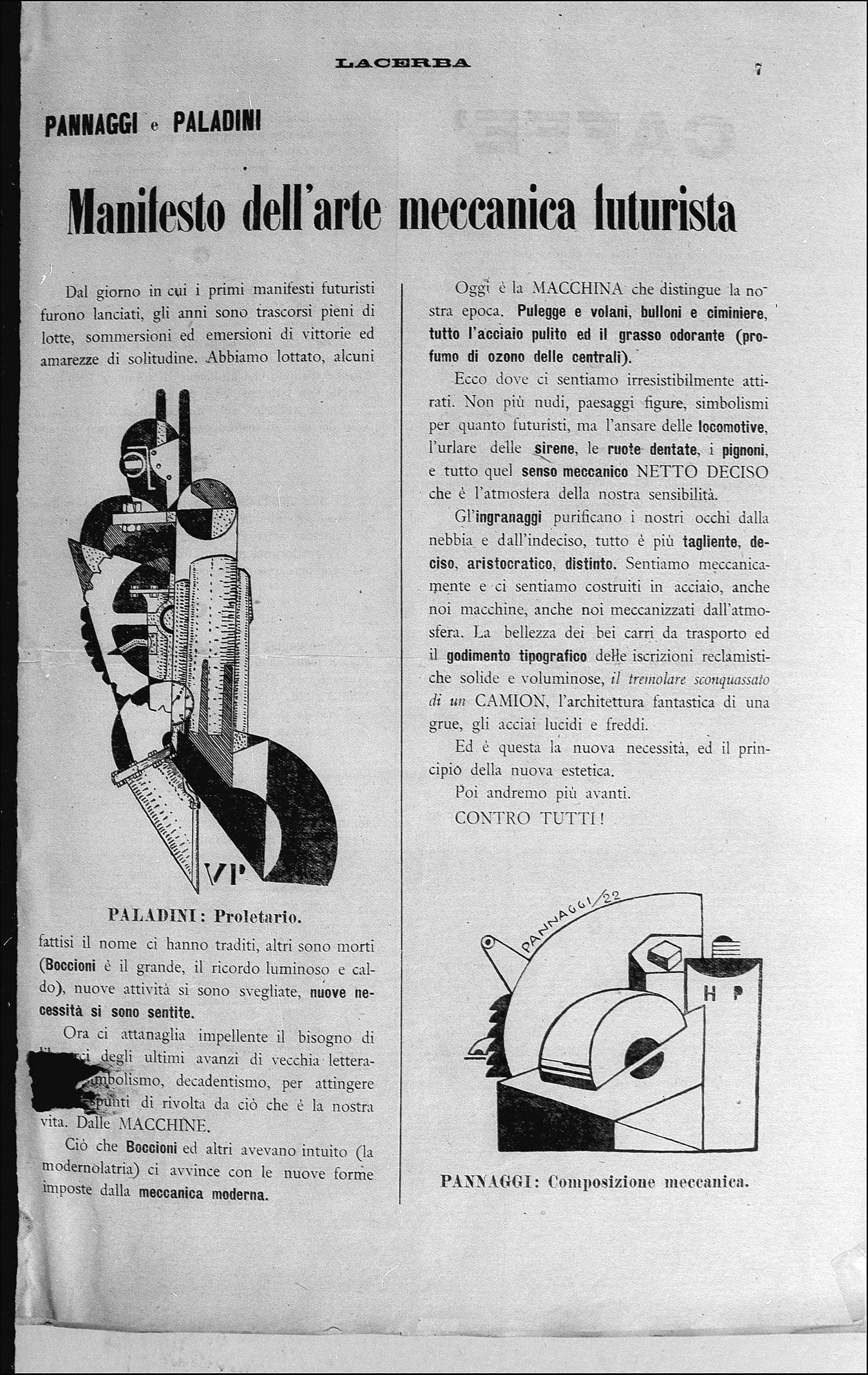 The Manifesto of Futurist Mechanical Art by Ivo Pannaggi and Vinicio Paladini, published in the magazine La Nuova Lacerba on June 20, 1922 The Manifesto of Futurist Mechanical Art by Ivo Pannaggi and Vinicio Paladini, published in the magazine La Nuova Lacerba on June 20, 1922