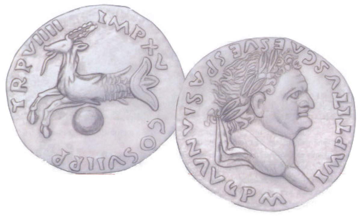 Dessin du denier avec les inscriptions qui prouveraient la date de l'éruption du Vésuve Dessin du denier avec les inscriptions qui prouveraient la date de l'éruption du Vésuve