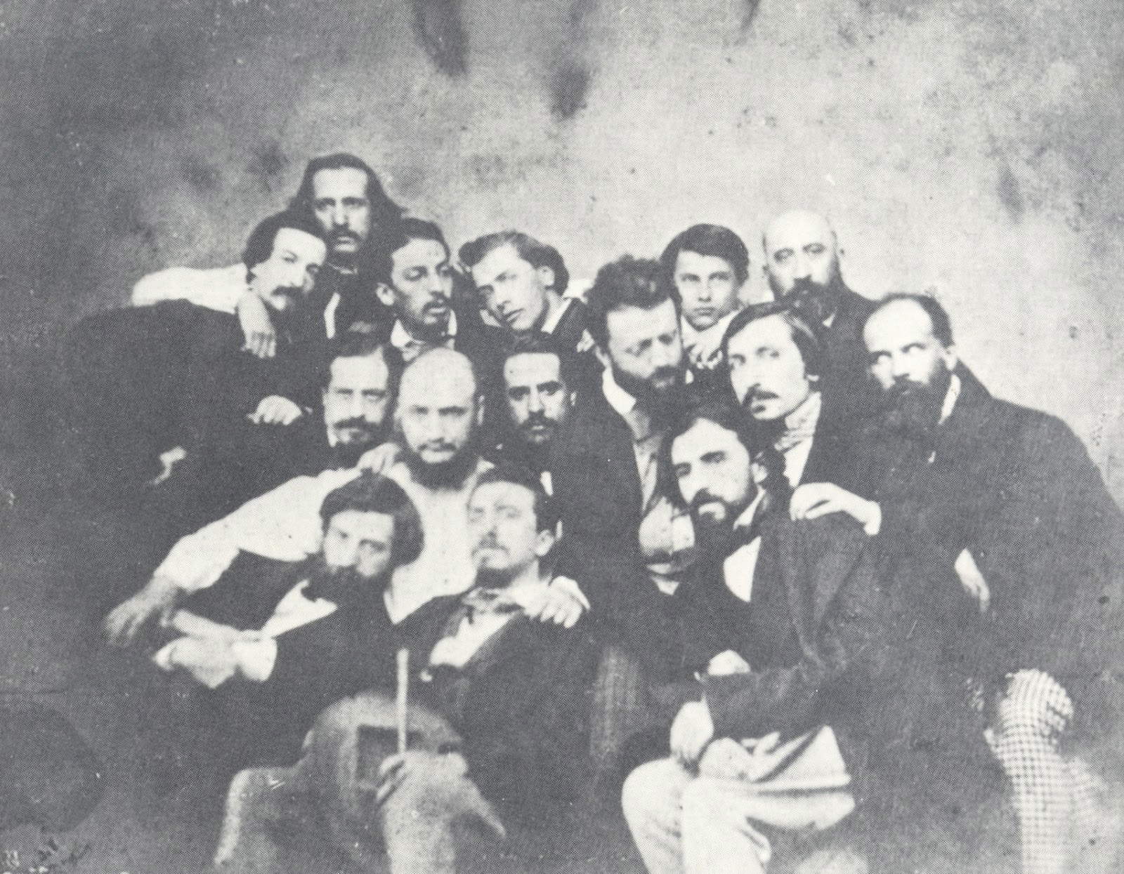 Gruppe von Macchiaioli und Freunden im Caffè Michelangiolo, um 1856 (Florenz, Historisches Archiv der Gesellschaft der Schönen Künste, Künstlerkreis). Vordere Reihe, oben: Cesare Bartolena, Odero, Odoardo Borrani, Telemaco Signorini, Diego Martelli, Giuseppe Moricci. Zweite Reihe, Mitte: Vito D'Ancona, Cianfanelli, Giuseppe Bellucci, Egisto Sarri, Bernardo Celentano, Filippo Palizzi. Dritte Reihe, unten: Giovanni Mochi, Serafino De Tivoli, Domenico Morelli. Gruppe von Macchiaioli und Freunden im Caffè Michelangiolo, um 1856 (Florenz, Historisches Archiv der Gesellschaft der Schönen Künste, Künstlerkreis). Vordere Reihe, oben: Cesare Bartolena, Odero, Odoardo Borrani, Telemaco Signorini, Diego Martelli, Giuseppe Moricci. Zweite Reihe, Mitte: Vito D'Ancona, Cianfanelli, Giuseppe Bellucci, Egisto Sarri, Bernardo Celentano, Filippo Palizzi. Dritte Reihe, unten: Giovanni Mochi, Serafino De Tivoli, Domenico Morelli.