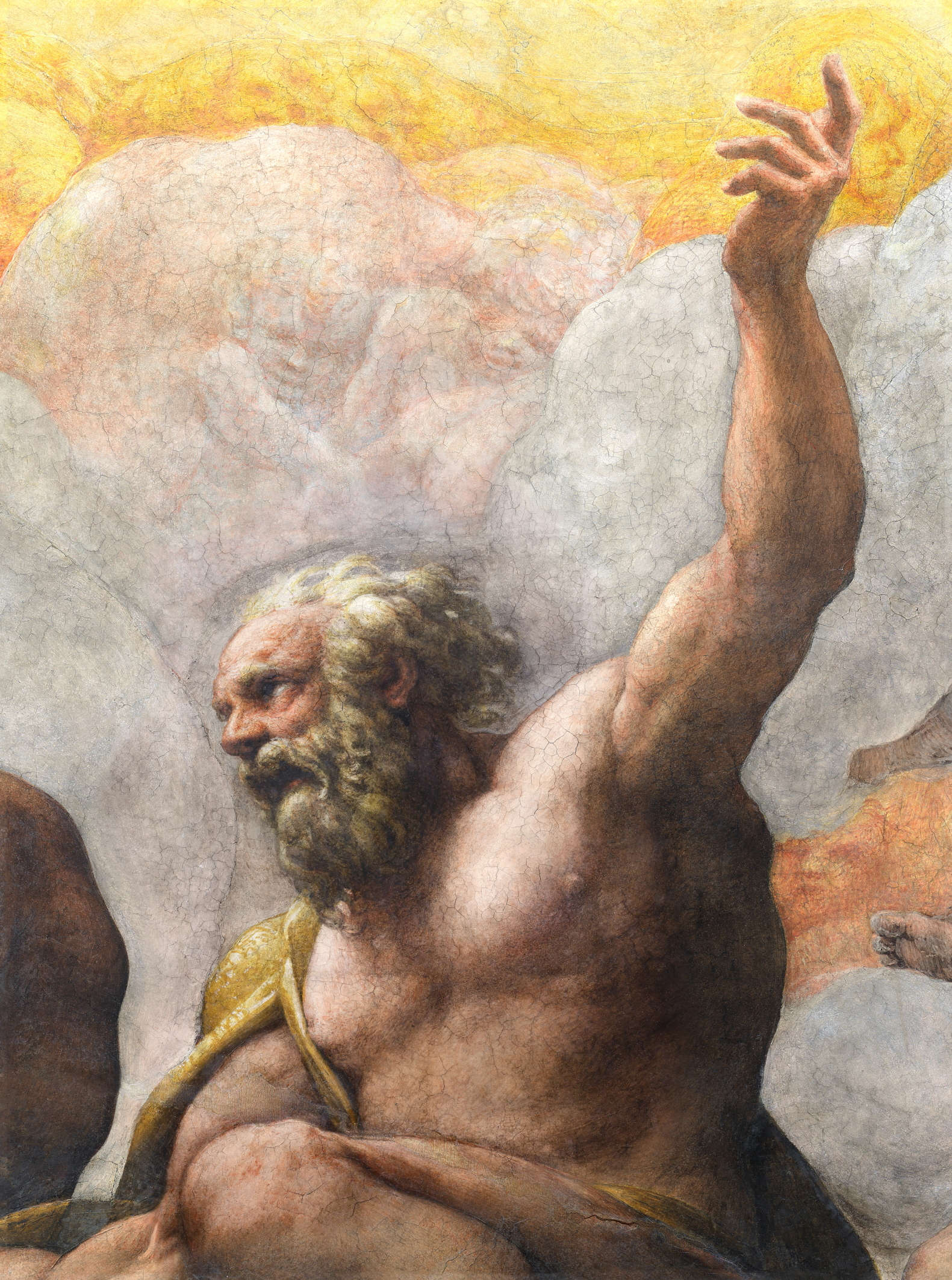 The elevated left arm of Saint Peter, who seems to warn all the apostles of Saint John's imminent ascent to heaven. With inquiring emotion one can catch on the saint's head the amiable smiles and dips of child angels, protagonists of the celestial ludi. The elevated left arm of Saint Peter, who seems to warn all the apostles of Saint John's imminent ascent to heaven. With inquiring emotion one can catch on the saint's head the amiable smiles and dips of child angels, protagonists of the celestial ludi.
