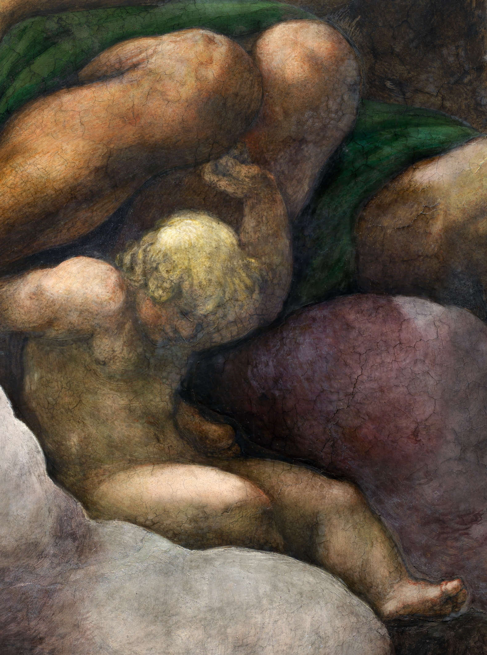 Young man under the conjoined knees of St. Bartholomew. It will be noted that all the lights come from the direct appearance of Jesus. But here we want to bring the observer to that continuous embricking of limbs and bodies that uninterruptedly binds the circle of Martyrs awaiting Christ, who welcome the angelic babies as tender infants to somersault in happiness. Young man under the conjoined knees of St. Bartholomew. It will be noted that all the lights come from the direct appearance of Jesus. But here we want to bring the observer to that continuous embricking of limbs and bodies that uninterruptedly binds the circle of Martyrs awaiting Christ, who welcome the angelic babies as tender infants to somersault in happiness.