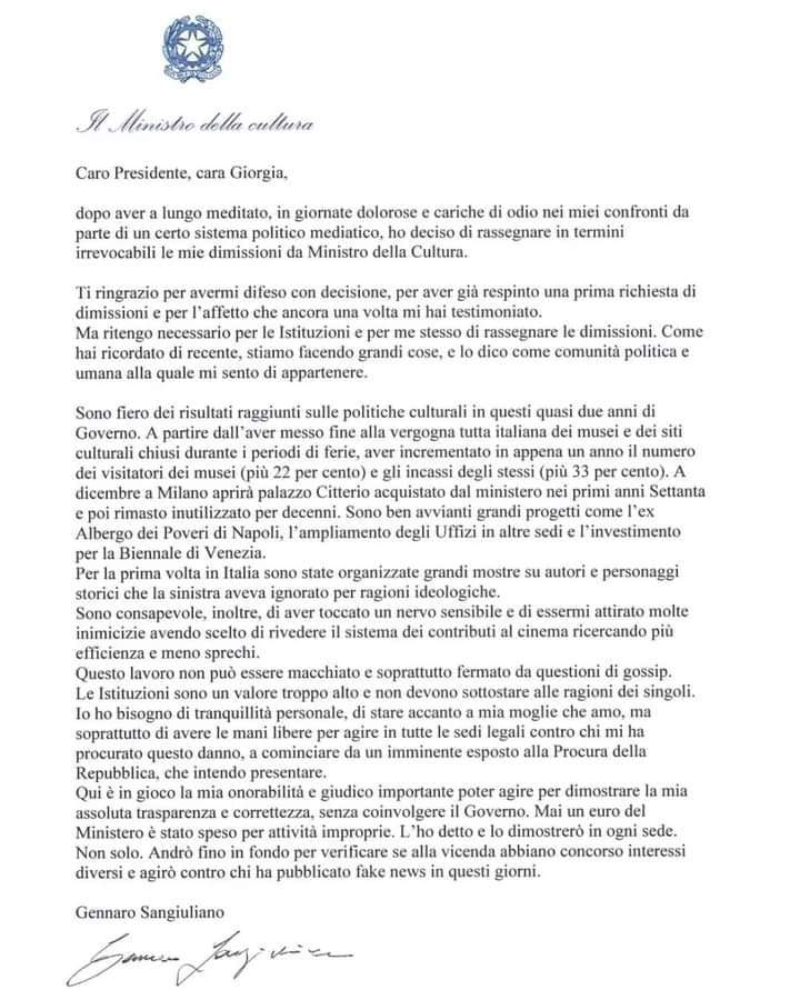 Gennaro Sangiuliano's letter of resignation Gennaro Sangiuliano's letter of resignation