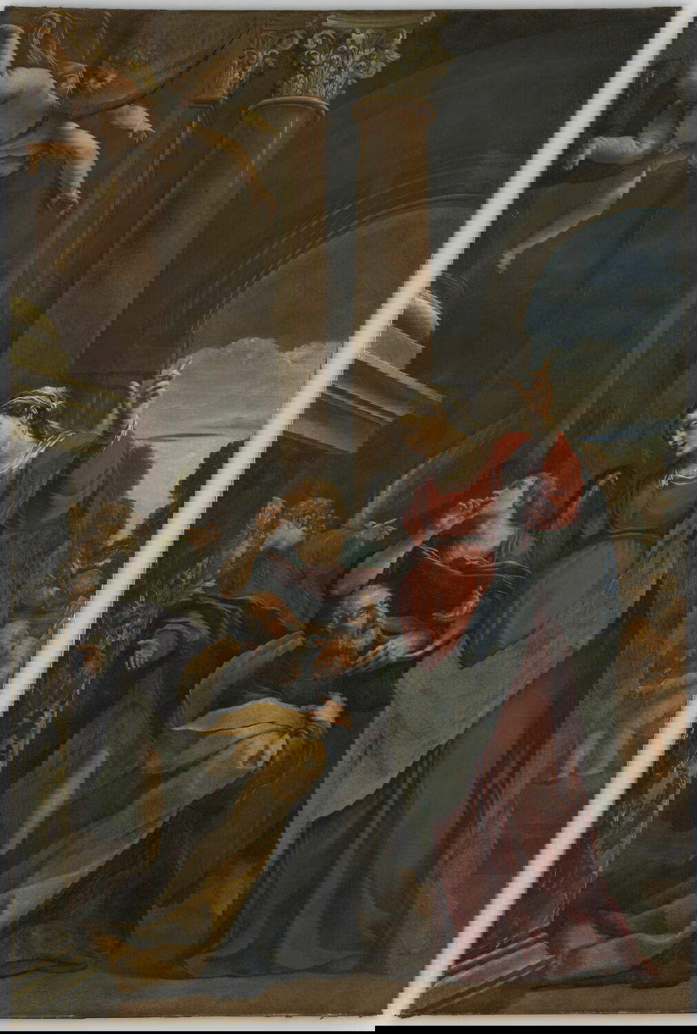 Alessandro Tiarini, Reniement de Pierre (vers 1613-1619 ; huile sur toile, 320 x 212 cm ; Paris, Louvre). Lieu de conservation : Bologne, Église des Mendiants, Chapelle Monticelli